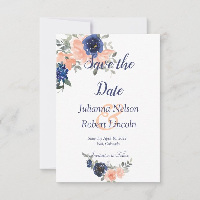 Blommigten Persika och blå vattenfärg spara datume Inbjudningar (Framsida)
