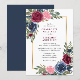 Blommigten personlig Navy Blue Burgundy Guld Inbjudningar