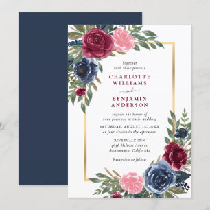 Blommigten personlig Navy Blue Burgundy Guld Inbjudningar