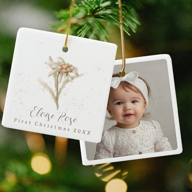 Blommigten Photo Baby Första jul Edelweiss Julgransprydnad Keramik (Skapare uppladdad)