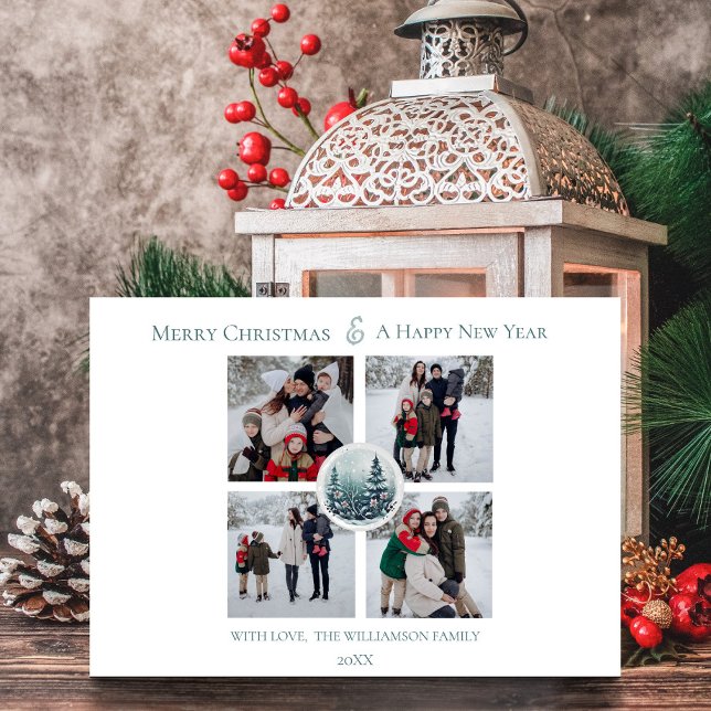 Blommigten Photo Collage (Vita vinterskog) Julkort (White Winter Forest Floral Photo Collage Holiday Card)