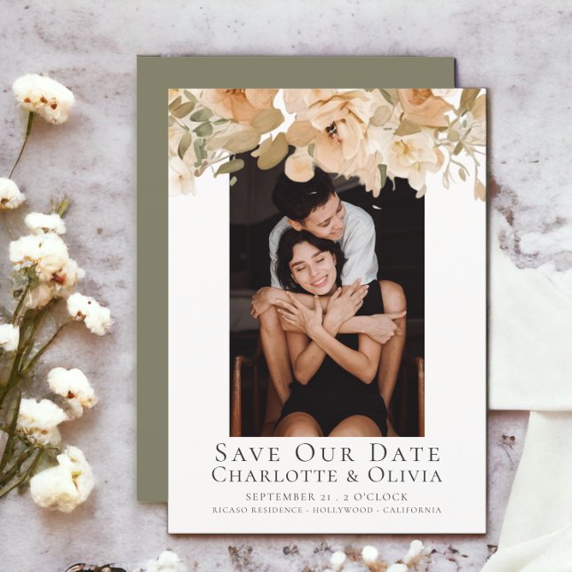Blommigten Photo Elegant Peach Spara datum Bröllop (Photo Elegant Floral Save The Date Wedding announcements from Ricaso)