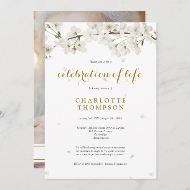 Blommigten Photo Firande of Life White Blommar Inbjudningar (Fram/baksida)