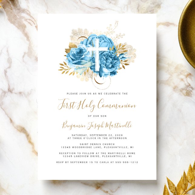 Blommigten Photo Kor Blue Guld First Communion Inbjudningar (Skapare uppladdad)