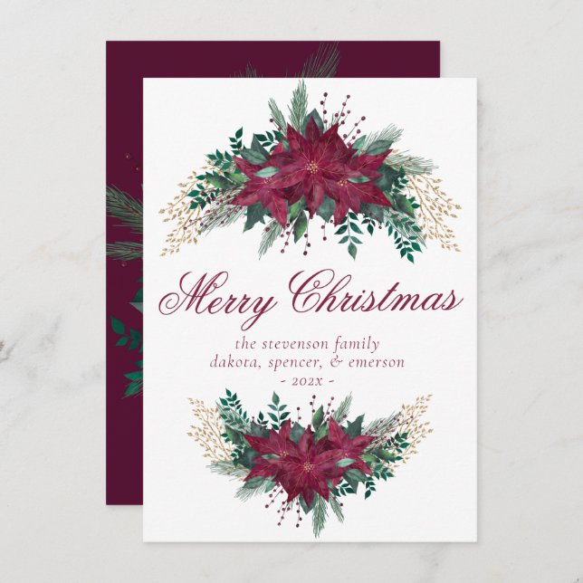 Blommigten Poinsettia Burgundy och Teal Winter Gar Julkort (Fram/baksida)