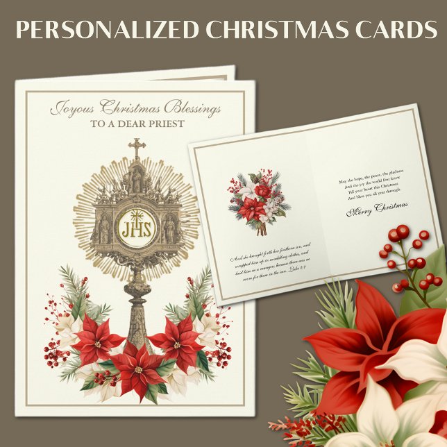 Blommigten Poinsettia vid den katolska julen Helgkort (Traditional Catholic Christmas Cards with Poinsettias and Eucharist)