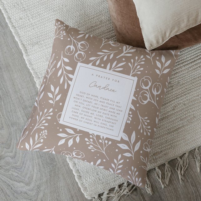 Blommigten Prayer Keepsaké Gift Scripture Tan Kudde (Personalized prayer pillow with editable poem + scripture verse on back.)