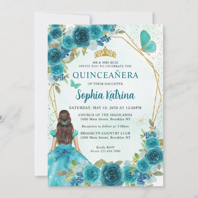Blommigten Princess Quinceañera i Aqua Teal Grönt  Inbjudningar (Framsida)