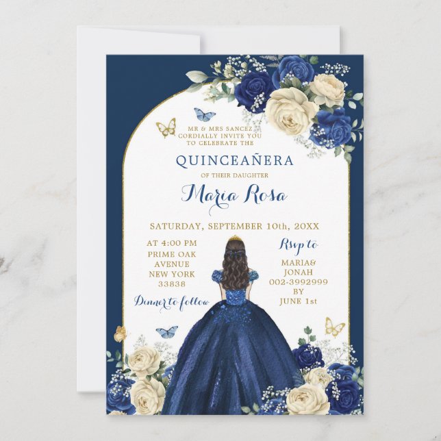 Blommigten Princess Quinceañera i marinblått Guld Inbjudningar (Framsida)