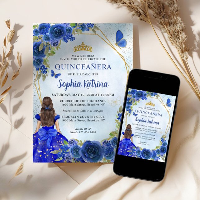 Blommigten Princess Quinceañera vid marinblå Guld- Inbjudningar (Skapare uppladdad)