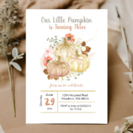 Blommigten Pumpkins i Guld i tredje födelsedagen Inbjudningar