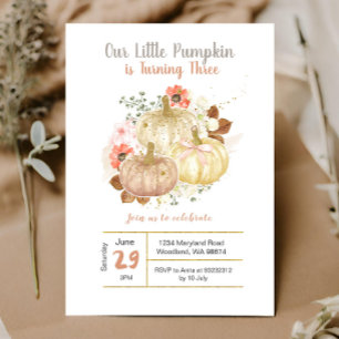 Blommigten Pumpkins i Guld i tredje födelsedagen Inbjudningar