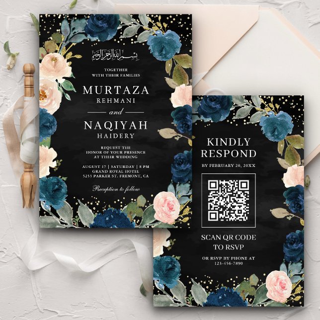 Blommigten QR Black Muslim Bröllop Inbjudningar (Skapare uppladdad)
