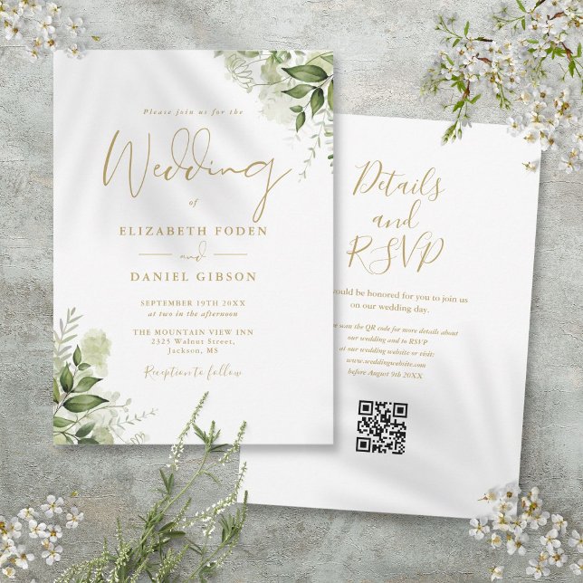 Blommigten QR-kod Bröllop i Guld Script Greenery Inbjudningar (Gold Script Greenery Floral QR Code Wedding Invitation)
