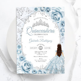 Blommigten Quinceanera Baby blue Silver Inbjudningar