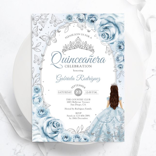 Blommigten Quinceanera Baby blue Silver Inbjudningar (Skapare uppladdad)
