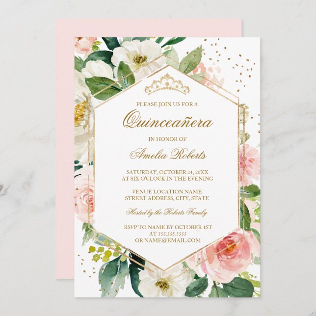  Blommigten Quinceanera Birthday i guld Glitter Inbjudningar (Fram/baksida)