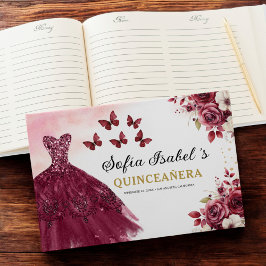 Blommigten Quinceañera Burgundy Guld Princess Gästböcker