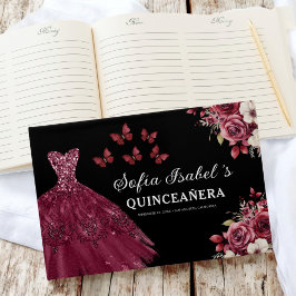 Blommigten Quinceañera Burgundy Guld Princess Gästböcker
