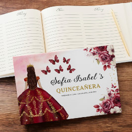 Blommigten Quinceañera Burgundy Guld Princess Gästböcker