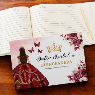 Blommigten Quinceañera Burgundy Guld Princess Gästböcker