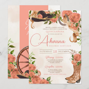 Blommigten Quinceañera Charro Westernare Peach Ros Inbjudningar