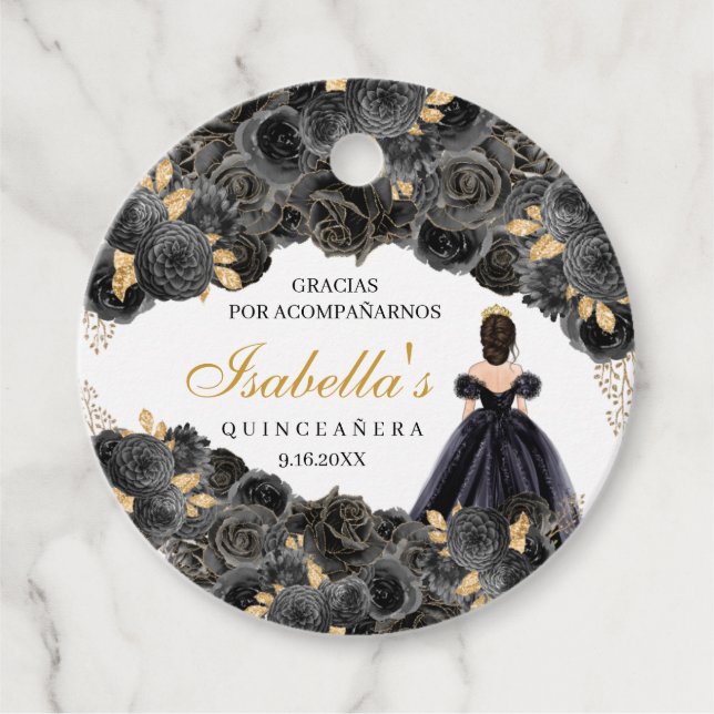 Blommigten Quinceanera Circle, svart och Guld Gåvor Etiketter (Framsida)