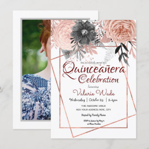 Blommigten Quinceañera Firande Rosa ros Inbjudningar