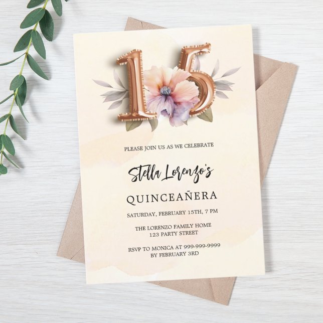 blommigten Quinceanera för persikor ro guld Inbjudningar (Skapare uppladdad)