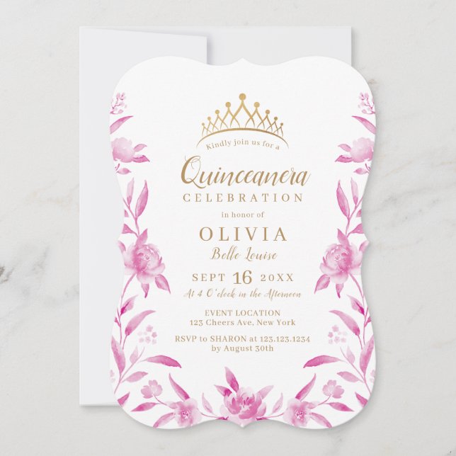 blommigten Quinceanera för rosa och guld Inbjudningar (Framsida)