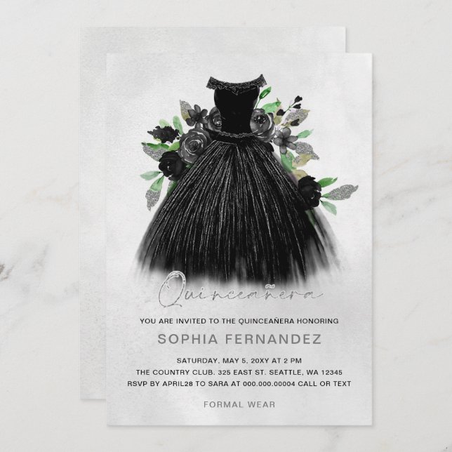 Blommigten Quinceañera i Black Silver Inbjudningar (Fram/baksida)