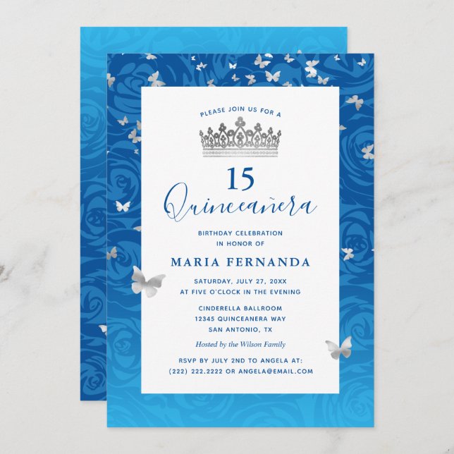 Blommigten Quinceanera i elegant Blue Ro Silver Kr Inbjudningar (Fram/baksida)