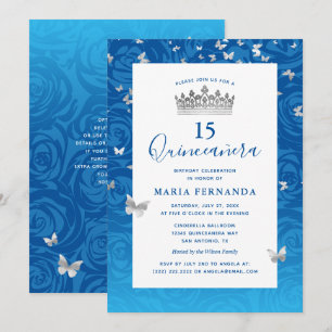Blommigten Quinceanera i elegant Blue Ro Silver Kr Inbjudningar