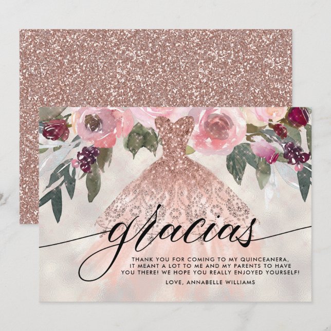 Blommigten Quinceañera i Gracias Ro Glitter Tack Kort (Fram/baksida)