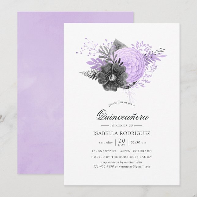 Blommigten Quinceañera i Lilac och Charcol Waterco Inbjudningar (Fram/baksida)