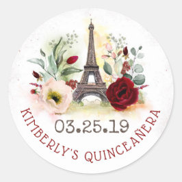 Blommigten Quinceanera i Paris och Burgundy Runt Klistermärke