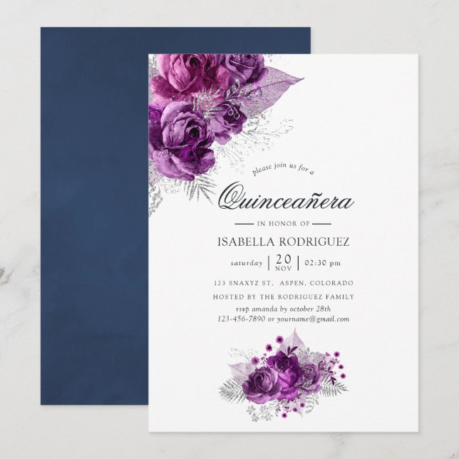 Blommigten Quinceañera i plommon och marin vattenf Inbjudningar (Fram/baksida)