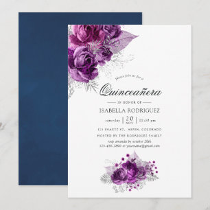 Blommigten Quinceañera i plommon och marin vattenf Inbjudningar