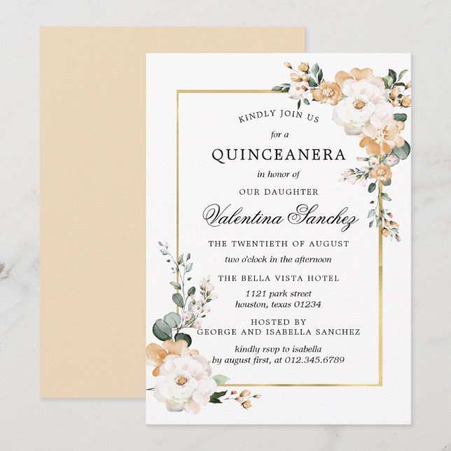 Blommigten Quinceanera i Vita och Guld Ro Inbjudningar (Fram/baksida)