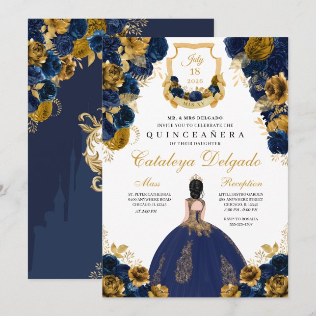Blommigten Quinceañera, marinblå och Guld Inbjudningar (Fram/baksida)
