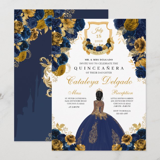 Blommigten Quinceañera, marinblå och Guld Inbjudningar (Fram/baksida)