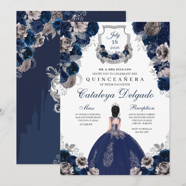 Blommigten Quinceañera, marinblå och Silver Inbjudningar (Fram/baksida)