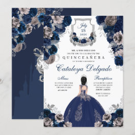 Blommigten Quinceañera, marinblå och Silver Inbjudningar
