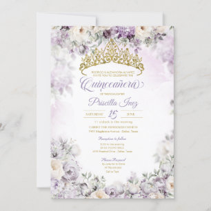 Blommigten Quinceañera med lätt Lila och Guld Inbjudningar