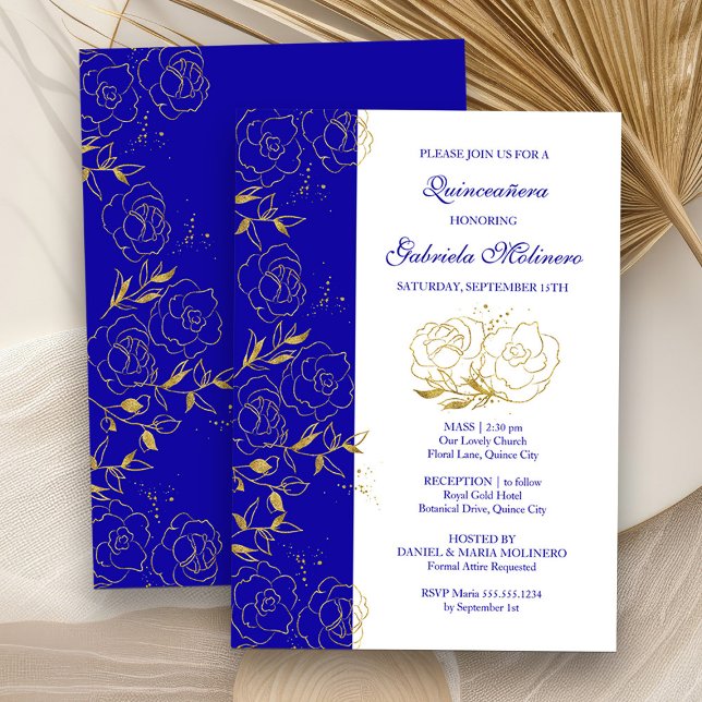 Blommigten Quinceanera och Royal av massa, blått o Inbjudningar (Mass and Quinceanera Invitation from my Elegant Gold Flowers Quinceanera Collection)