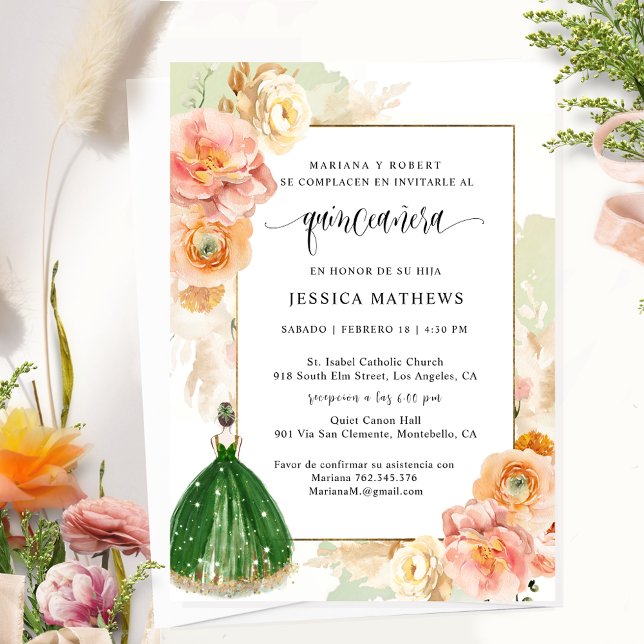 Blommigten Quinceañera (Spanien, Ljust grönt Elega Inbjudningar (Skapare uppladdad)