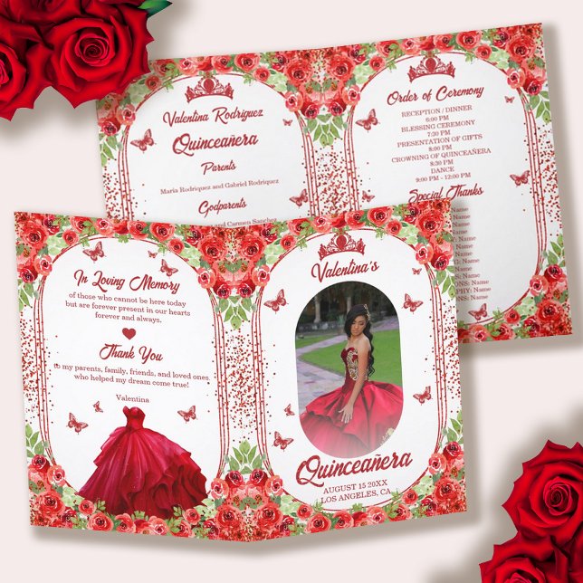 Blommigten Quinceanera (spanska fotoröda Glitter) Program (Spanish Photo Red Glitter Floral Quinceanera Program)
