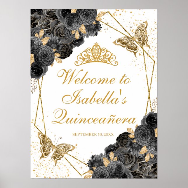 Blommigten Quinceanera (svart och Guld) Välkomstte Poster (Framsidan)