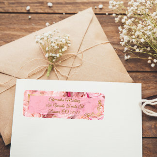 Blommigten Quinceañera vid elegant Guld Rosa ros Returadress Etikett