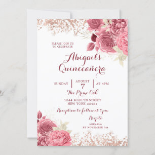 Blommigten Quinceañera vid elegant Ro Guld Inbjudningar
